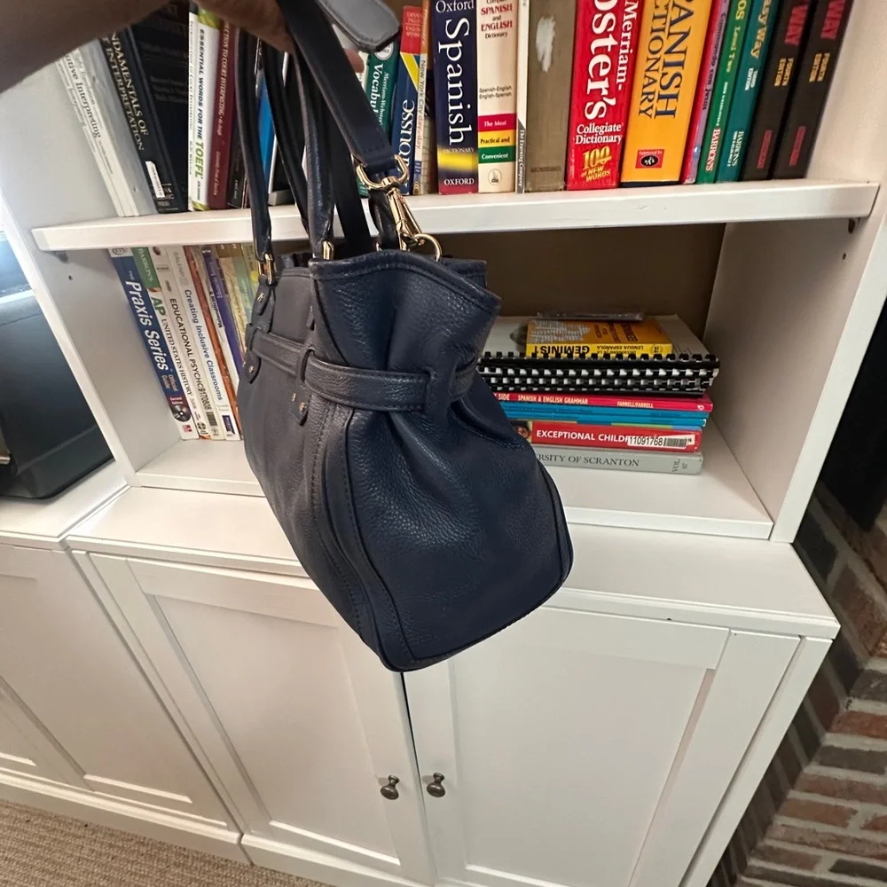 Michael Kors Navy Leather Satchel with Gold-Tone MK Emblem